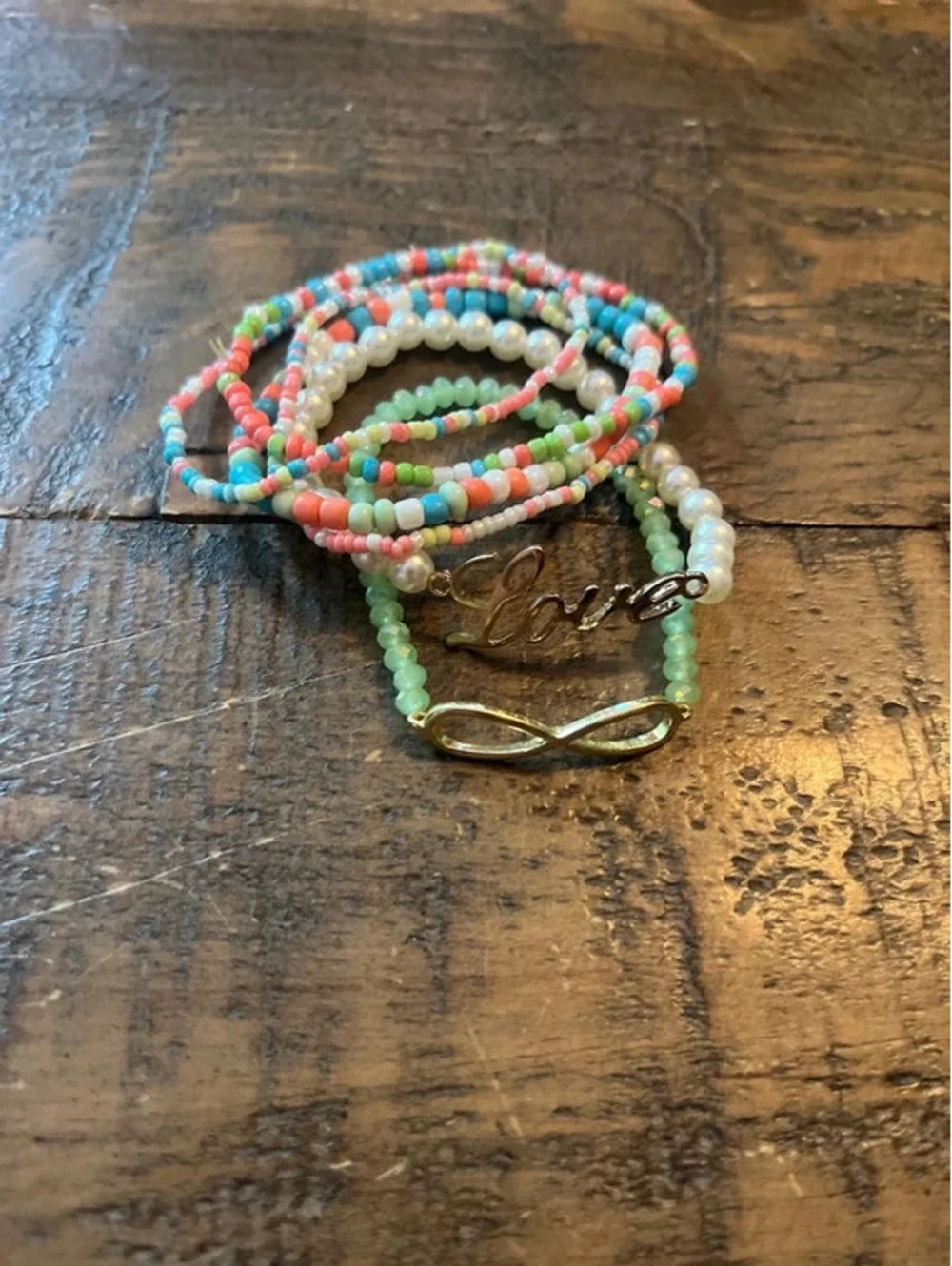 Boho Beaded Bracelet Set of 6 Seed Beads, Pearl 